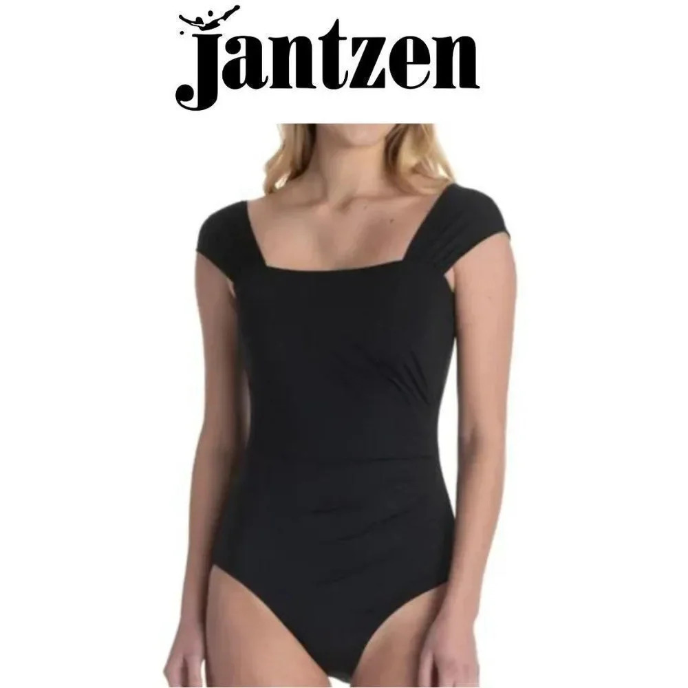 🆕️JANTZEN WOMEN'S BLACK ONE-PIECE GLAMOUR WIDE STRAP SQUARE NECK SWIMSUI…